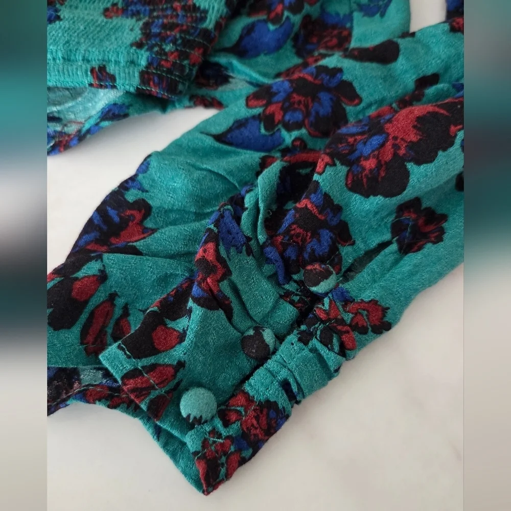 Free People Hilary Floral‎ Teal Long Sleeve Women's Top